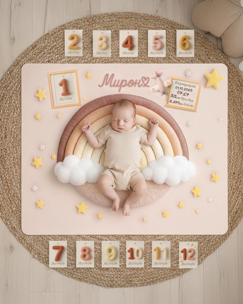 Soft Rainbow Baby Milestone Mat, Monthly Growth Blanket, Newborn Photo ...