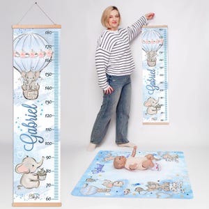 Set babyjongen mijlpaal deken groeimeter, decor blauwe olifant kinderkamer, gepersonaliseerde heteluchtballon, cadeauset babyshower, aangepast cadeau
