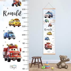 Auto's groeimeter met aangepaste kindernaam, baanbus auto voertuig kinderkamer decor, neef gepersonaliseerd cadeau voor jongen, hoogtegrafiek verjaardagscadeau 4