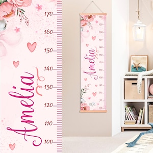 Floral Height Chart for Girls, Personalized Custom Name Growth Ruler, Baby Shower Gift, Nursery Heart Bloom Design, First Birthday Gift