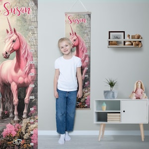 Aangepaste naam meisje hoogtetabel met roze eenhoorn, groeimeter meisjes kinderkamer, sprookjesachtige speelkamer decor, paard muurliniaal, cadeau voor prinses