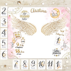 Arrière-plan photo petite fille nouveau-née ange, couverture avec nom personnalisé et cartes pour princesse, tapis pour bébé avec ailes d'ange et lapin mignon