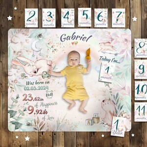 Couverture jalon, cadeau de grossesse, accessoires photo pour enfants avec cartes forêt, cartes mois bébé, accessoire photo nouveau-né, jalon bébé, articles pour bébé