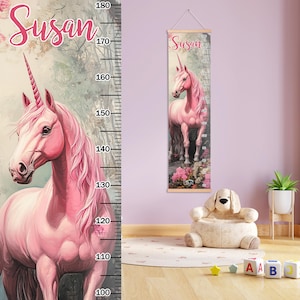 Hoogtegrafiek roze eenhoorn, groeimeter meisje met aangepaste naam, sprookjesachtige speelkamerdecor dochter, liniaal paard kunst aan de muur, cadeau voor nichtje