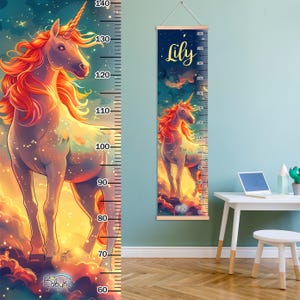 Fantasiegroeimeter met vuureenhoorn, hoogteliniaal met kindernaam, magische speelkamerdecor, eenhoorn muurkunst liniaal, aangepast cadeau voor meisje