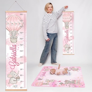 Gepersonaliseerde groeimeter mijlpaal deken roze set, decor olifant kinderkamer, babyshower cadeau, neutrale kinderkamer set, aangepaste naam babycadeau