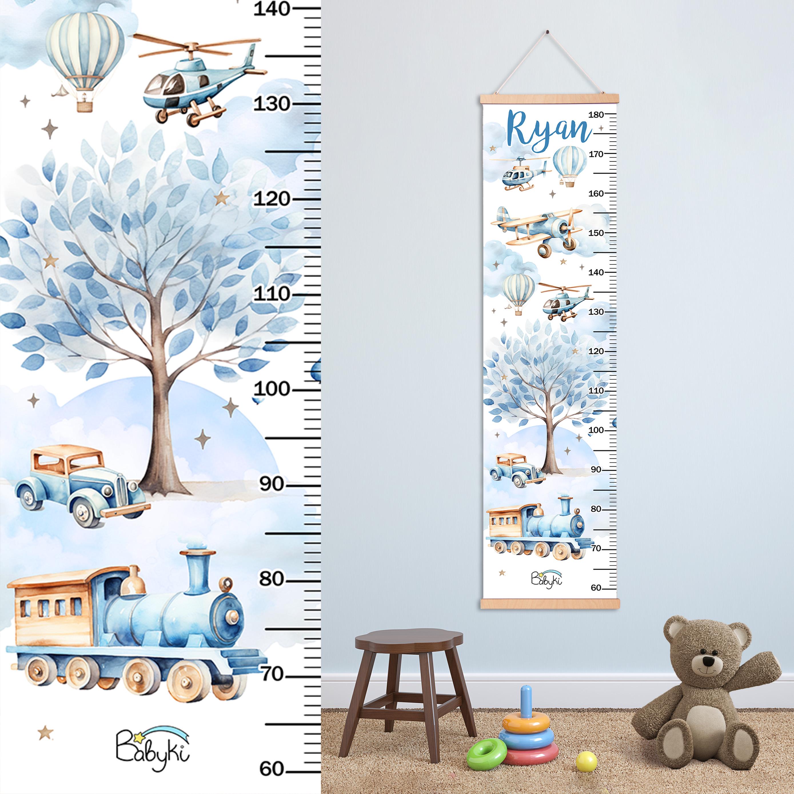 Kids Growth Chart with Travel Theme Car Airplane Train, Blue Nursery Decor, Personalized Height Chart Vehicle, Pastel Custom Toddler Gift