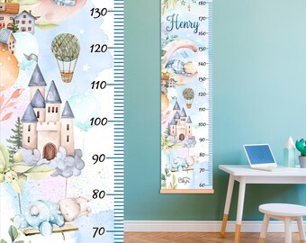 Sprookjesachtige groeimeter kinderkamer, kasteelmuurdecor voor jongenskamer, aangepaste naam hoogtegrafiek, speelkamerdecor, eerste verjaardag, peutercadeau