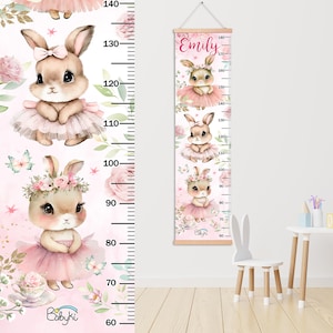 Gepersonaliseerde hoogteliniaal, aangepaste groeimeter konijn voor meisjes, bloemen babykamer kunst aan de muur, roze kinderkamer decor, cadeau idee pasgeborene