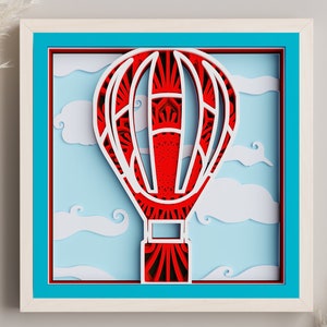 Globo aerostático de aventura en caja de sombras 3D, cartulina recortada SVG para bricolaje
