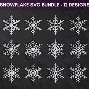May include: A collection of twelve silver snowflake designs arranged on a dark wood-grain background. The snowflakes vary in intricate detail, showcasing a range of winter-themed patterns. The text "SNOWFLAKE SVG BUNDLE - 12 DESIGNS" is at the top.
