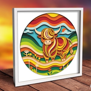 3D vache Highland Svg, fichiers Svg de boîte d'ombre en couches pour projets Cricut, art découpé en papier, papier cartonné, fichiers découpés au laser - animaux de la ferme Svg