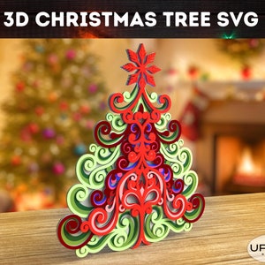 Albero di Natale 3D Svg, Svg a strati, Shadow box Svg, file Mandala Svg per progetti Cricut, Taglio laser di Natale - Albero di pino invernale Svg