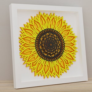 Mandala floral en couches SVG DXF tournesol 3D - fichiers de coupe d'art mural pour des projets de circuit, de découpe laser, de boîte d'ombre