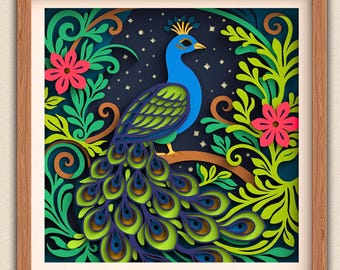 3D Peacock Shadow Box SVG, Layered Tropical Bird SVG Files for Cricut, Silhouette & Laser Cut