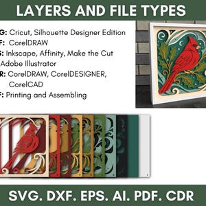May include: A layered paper art piece featuring a red cardinal bird perched on a branch, set within a white frame. The image showcases various file types: SVG, DXF, EPS, AI, PDF, and CDR, suitable for digital design and crafting projects.