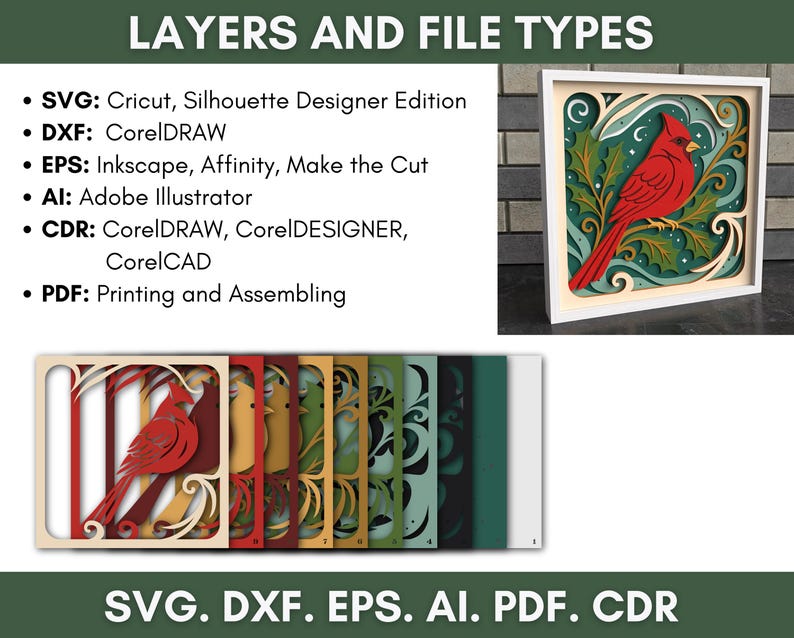 May include: A layered paper art piece featuring a red cardinal bird perched on a branch, set within a white frame. The image showcases various file types: SVG, DXF, EPS, AI, PDF, and CDR, suitable for digital design and crafting projects.
