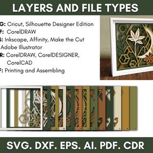May include: A framed layered paper artwork with a botanical design in shades of green, beige, and brown. The image shows a crescent moon and flower. The image also shows examples of SVG, DXF, EPS, AI, PDF, and CDR file types.