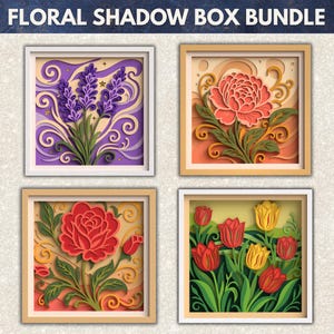 May include: A bundle of four floral shadow box art pieces. Each framed artwork features layered paper cut designs of flowers, including lavender, a peony, a rose, and tulips. The frames are in various colors, including white and natural wood.