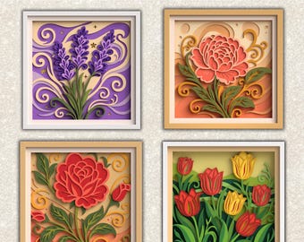 3D Floral Shadow box Bundle - Rose Lavender Peony Tulip Layered SVG files for Cricut Projects, Silhouette & Laser Cut