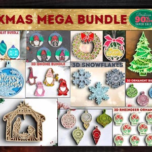 May include: A collage of 3D Christmas ornaments, including a wreath, snowflakes, gnomes, a nativity scene, and reindeer. The text "XMAS MEGA BUNDLE" and "Christmas 90% OFF SUPER SALE" is visible in the image.
