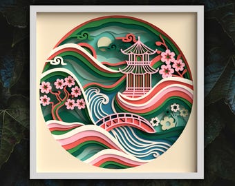 Jardín japonés 3D SVG: Archivos de caja de sombras florales en capas (descarga digital)