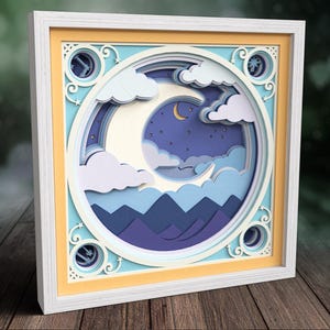 3D Moon Shadow Box SVG, Mountain SVG, Layered Paper Art Night Sky SVG Files for Cricut, Laser Cut