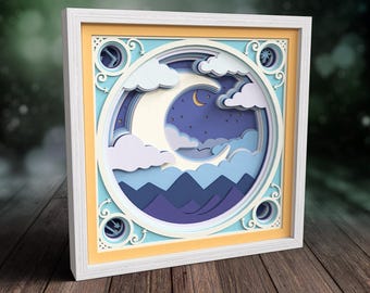 3D Moon Shadow Box SVG, Mountain SVG, Layered Paper Art Night Sky SVG Files for Cricut, Laser Cut
