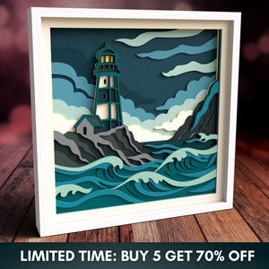May include: A framed, layered paper art piece depicting a lighthouse on a rocky coast with waves. The artwork features shades of blue, gray, and white, with a white frame. The text at the bottom reads "LIMITED TIME: BUY 5 GET 70% OFF".