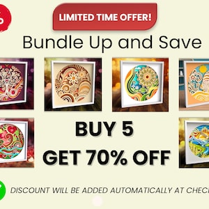K&ouml;nnte beinhalten: Ein Verkaufsbanner wirbt f&uuml;r ein zeitlich begrenztes Angebot, bei dem man 5 Papier-Schattenk&auml;sten kauft und 70% Rabatt erh&auml;lt. Die Anzeige zeigt Bilder von f&uuml;nf verschiedenen Schattenk&auml;sten mit filigranen Designs, darunter ein Baum, Blumen, ein Zwerg und ein Sonnenuntergang.