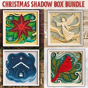 May include: A collection of four Christmas shadow box art pieces. Designs include a poinsettia, an angel, a nativity scene, and a cardinal. Each piece is framed in a white square frame and features layered paper cutouts.