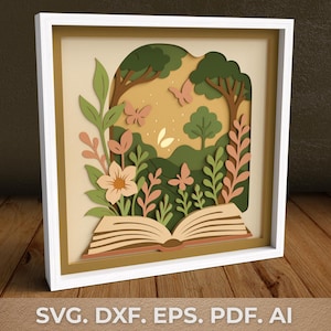 Modelo de caixa de sombra para jardim de livros 3D, caixa de sombra floral Svg, presente para amantes de livros, arquivos Svg em camadas para Cricut, cartolina, papelaria