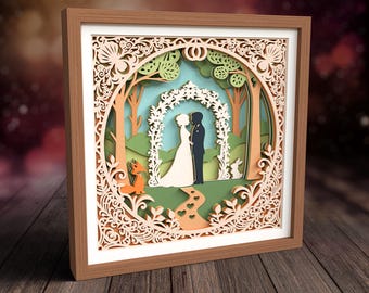 3D Wedding Shadow Box SVG: Romantic Paper Cut Art, Bride Groom Forest Scene, Layered Anniversary SVG For Cricut Project, Laser Cut Files