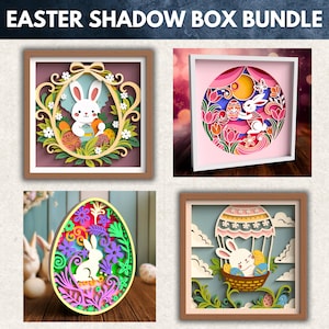 May include: A collection of Easter-themed shadow box art pieces. The designs include layered paper cut-outs of Easter bunnies, eggs, and floral patterns. The text "EASTER SHADOW BOX BUNDLE" is at the top. Each artwork is framed, displaying detailed cut-out designs and bright colours.