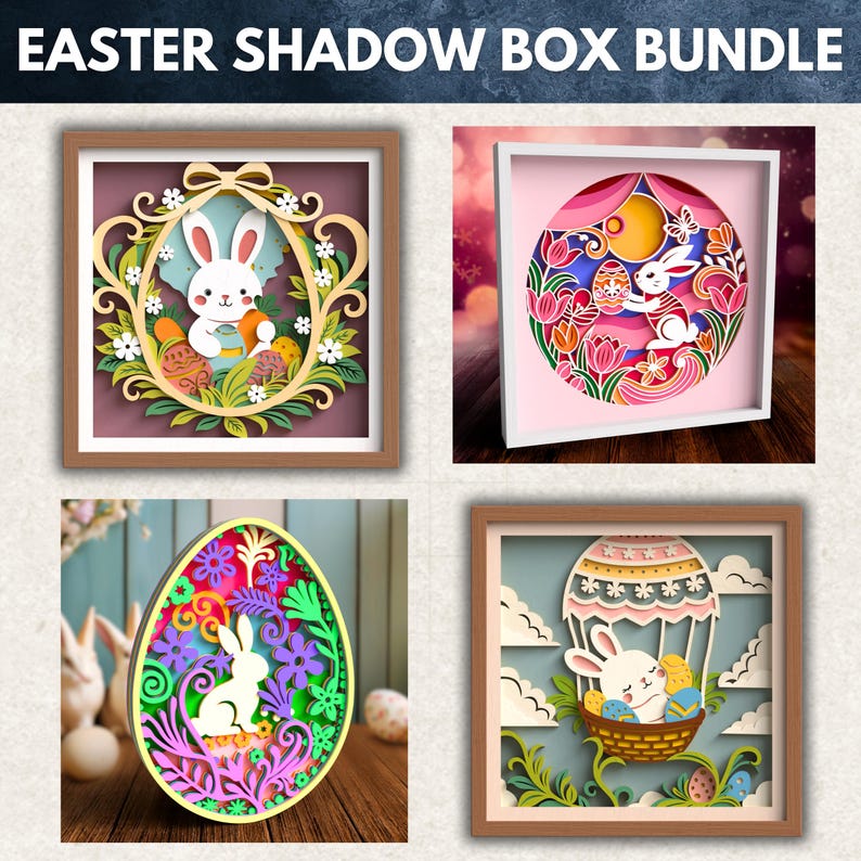 3D Easter Bunny Shadow Box Bundle - Floral Rabbit Egg Layered SVG Files ...