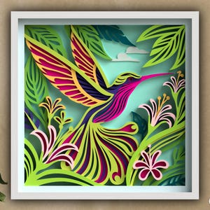 Colibri 3D SVG, fichiers Svg de boîte d'ombre en couches pour des projets Cricut, papier cartonné, art découpé en papier, fichiers découpés au laser, Svg de nature tropicale d'été