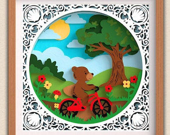 3D Bear Riding Bicycle Shadow Box SVG, Layered Paper Art, Woodland Floral SVG Files for Cricut & Laser Cut