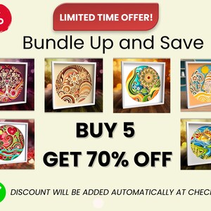 May include: Promotional image with the text "Bundle Up and Save". It features six framed circular art pieces with various designs, including a tree, flowers, and landscapes. The offer is "Buy 5 Get 70% Off".