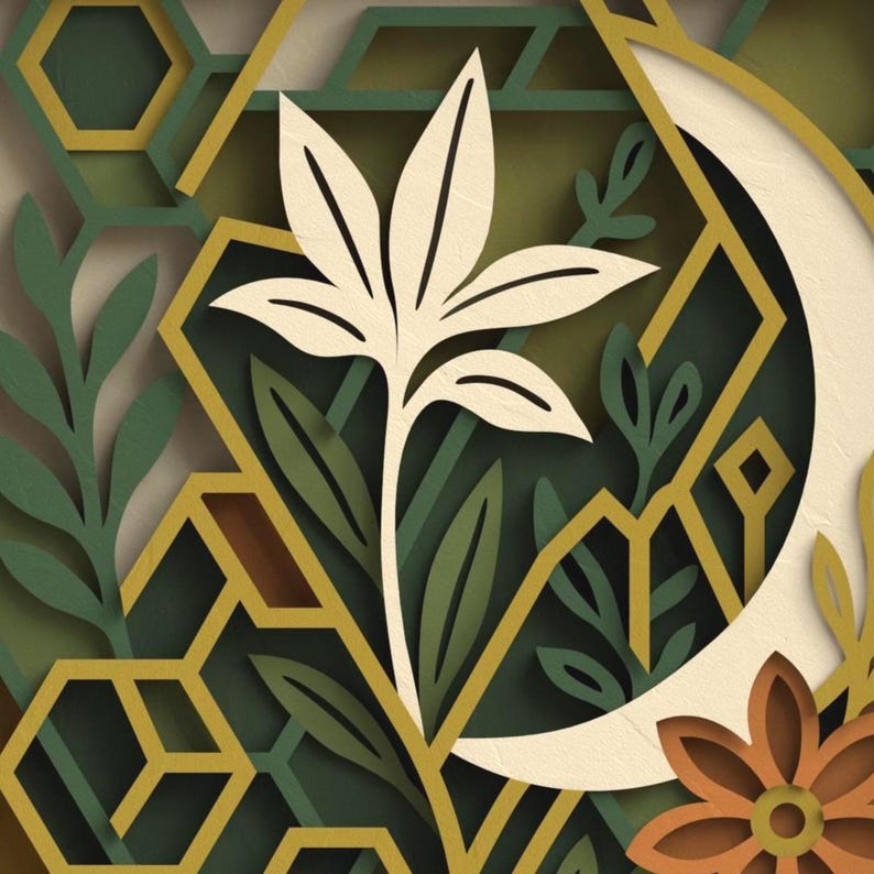 May include: A layered paper art piece featuring a white flower with green leaves and geometric shapes. The design includes a crescent moon and a brown and orange flower, all set against a backdrop of green and gold hues.