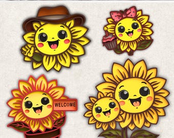 3D Cute Sunflower SVG Bundle - Kawaii Flower Clipart, Floral Layered SVG files for Cricut Projects, Silhouette & Laser Cut