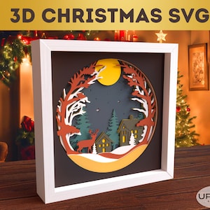 3D Noël Svg, Svg en couches, Svg de boîte d'ombre, Svg d'arbre de Noël, fichiers Svg pour des projets de Cricut, Découpe Laser de Noël - Svg de paysage d'hiver