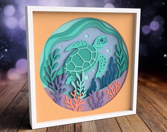 3D Sea Turtle Shadow Box SVG: gelaagde bloemen muurkunst (digitale download)