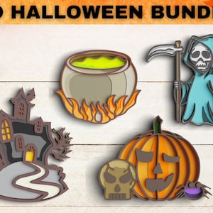 Pode incluir: Conjunto 3D de Halloween com uma casa assombrada, caldeirão com líquido verde, ceifeiro, abóbora, caveira e aranha. Os designs em camadas são em tons de castanho, laranja, cinza e azul-petróleo. O texto "3D HALLOWEEN BUNDLE" está no topo.