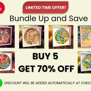 May include: Promotional image with the text "Bundle Up and Save." It features six framed circular art pieces with various designs, including a tree, flowers, and landscapes. The text "BUY 5 GET 70% OFF" is prominently displayed.