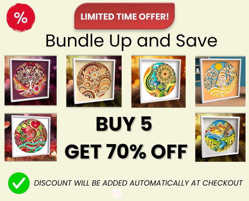 May include: Promotional image with the text "Bundle Up and Save." It features six framed circular art pieces with various designs, including a tree, flowers, and landscapes. The text "BUY 5 GET 70% OFF" is prominently displayed.