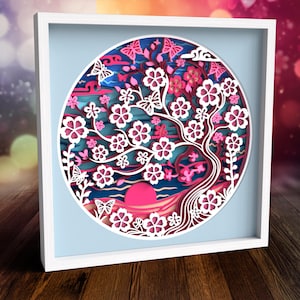 File SVG DXF di fiori di ciliegio 3D, file SVG a strati floreali, file SVG di Shadow box per progetti Cricut, file tagliati al laser, file Papercut - Sakura botanico