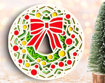 3D Christmas Wreath SVG: Layered Mandala Art, Red Ribbon (Digital Download)