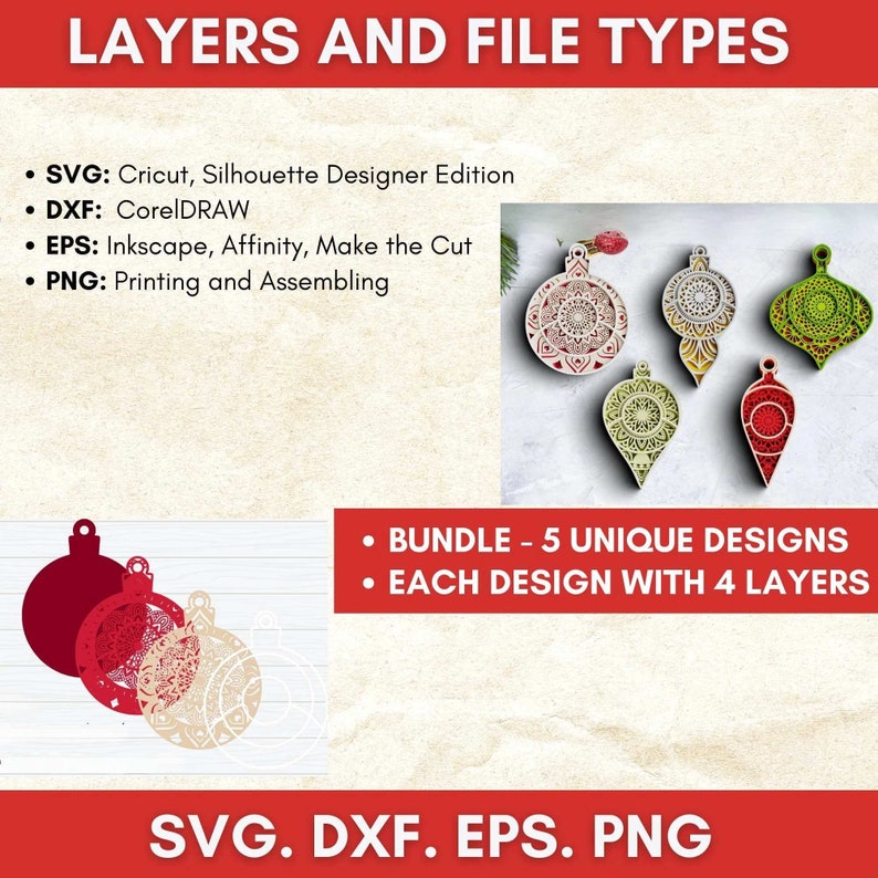 May include: A digital download of five unique Christmas ornament designs, each with four layers. The designs are intricate and feature mandala patterns. The file types included are SVG, DXF, EPS, and PNG.  The text "SVG. DXF. EPS. PNG" is at the bottom of the image.