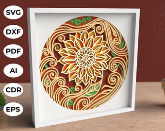 Girasol 3D SVG: Caja de sombras floral en capas, archivos de corte Cricut y láser