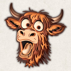 May include: A layered paper illustration of a surprised cow's head. The cow has large, wide eyes, a surprised expression, and a wide-open mouth. The color palette includes shades of brown, tan, and orange, with black accents.